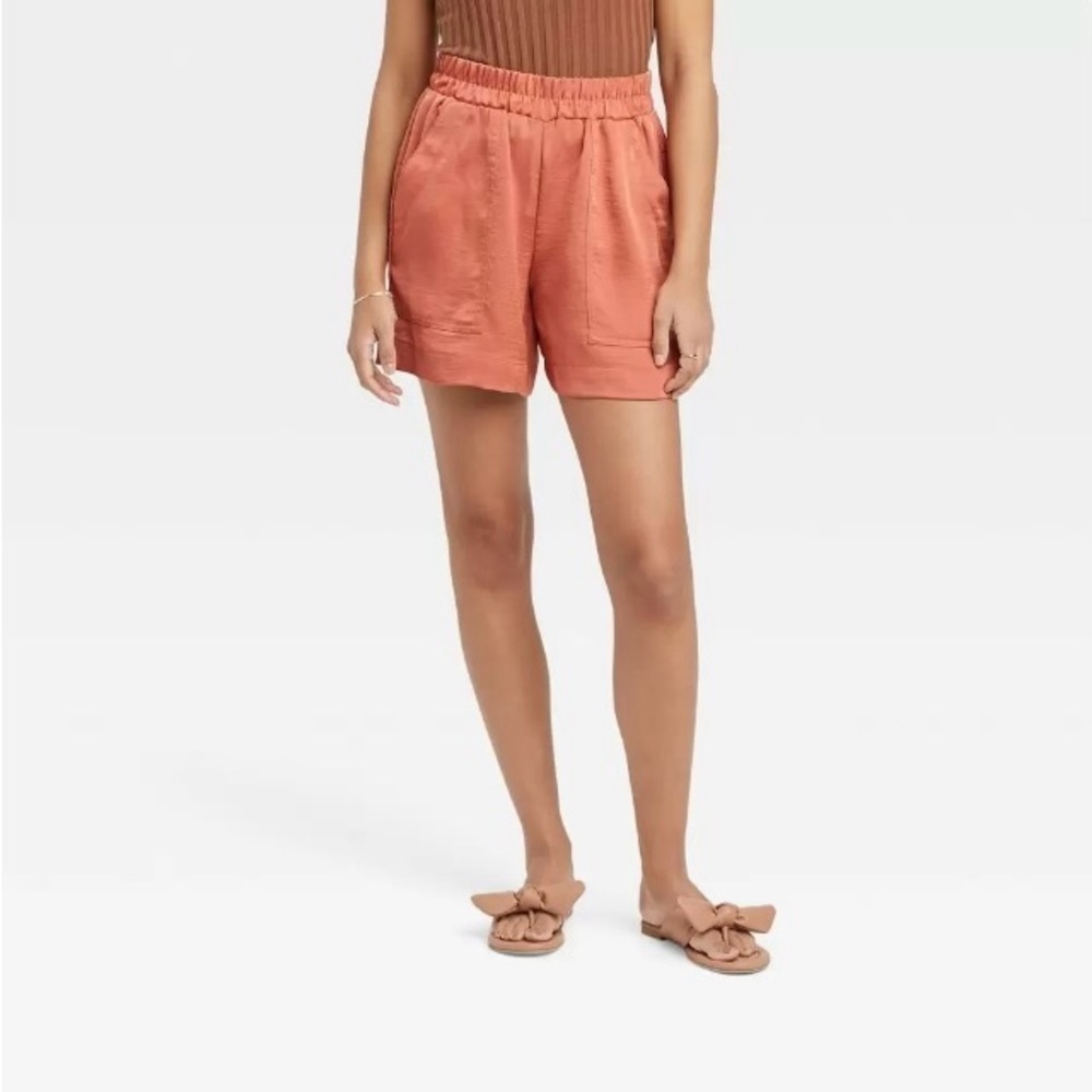 NWT A New Day Women's High-Rise Satin Pull-On Shorts Coral Orange Size M